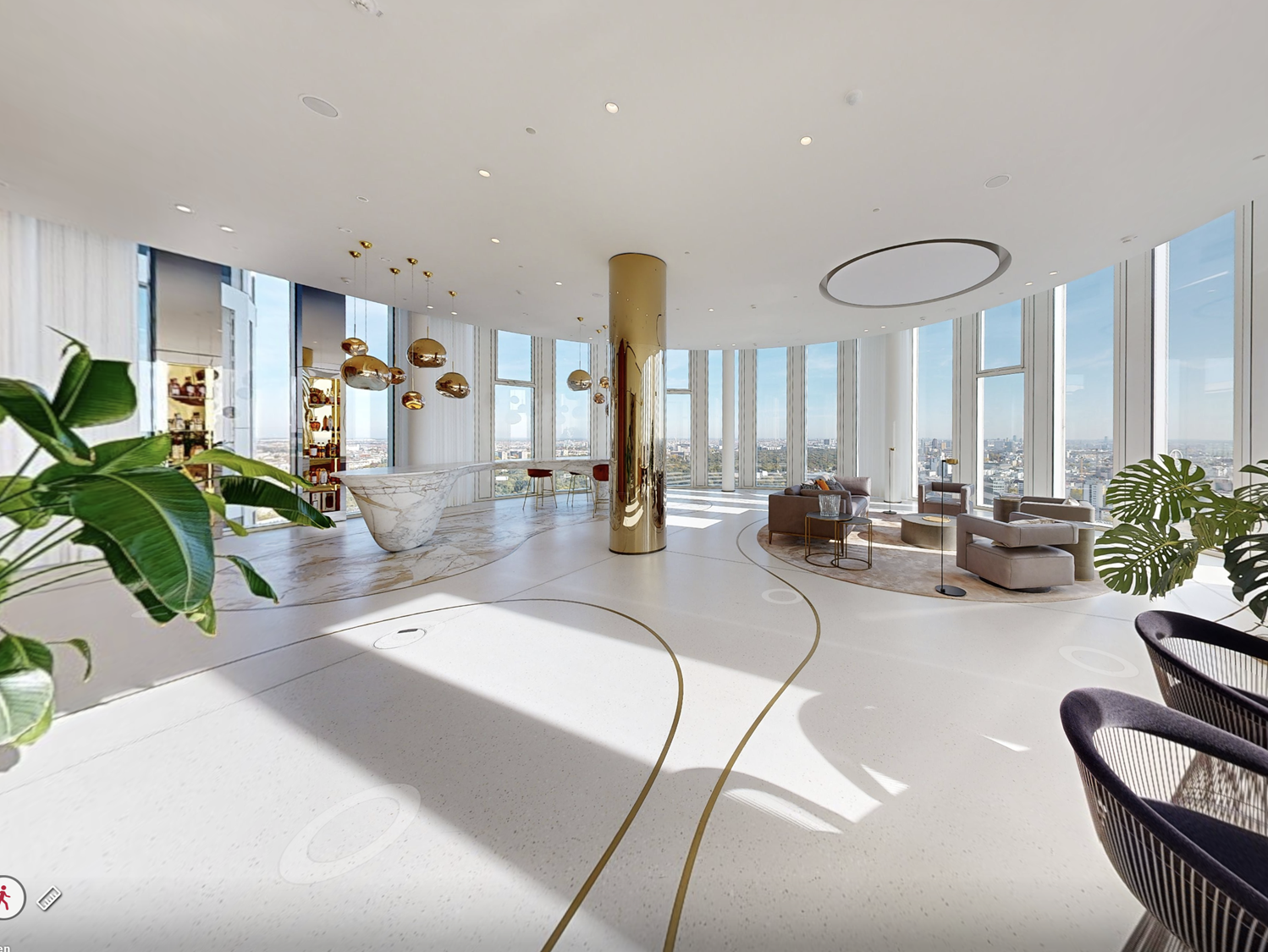 The Tiergarten salon on the 33rd floor, gold column and floor-to-ceiling glass