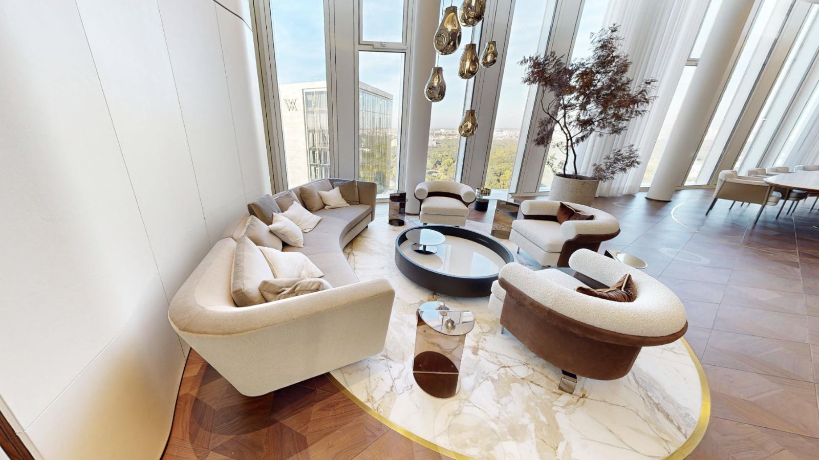 Sculptural salon seating with skyline